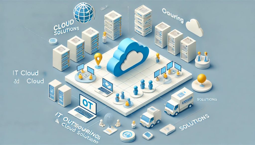 Minimalistisches isometrisches 3D-Bild, das IT-Outsourcing und Cloud-Lösungen für Startups darstellt. Es zeigt eine Wolke, Server und ein Symbol für globale Zusammenarbeit, um Effizienz und Innovation zu symbolisieren.